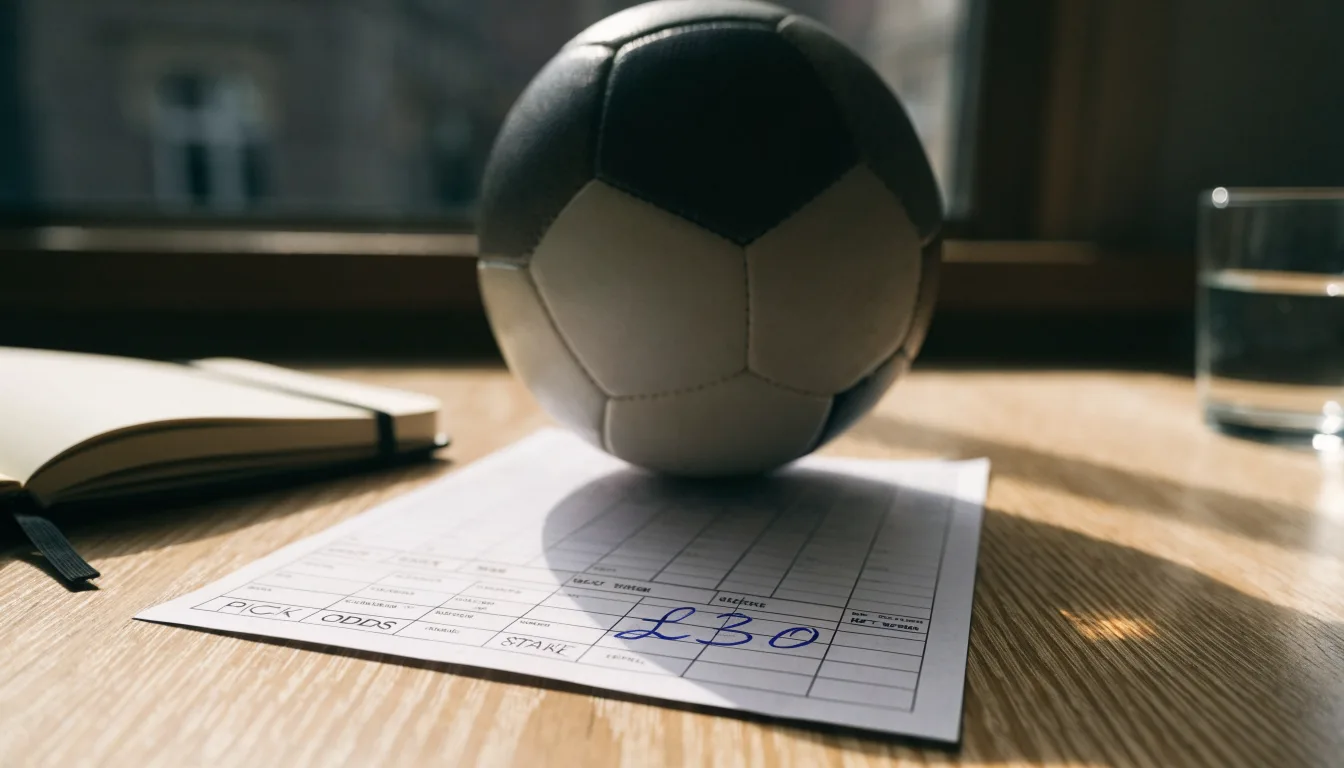 Uma bola de futebol pousada sobre um talão de apostas em branco numa mesa de madeira, à luz do dia