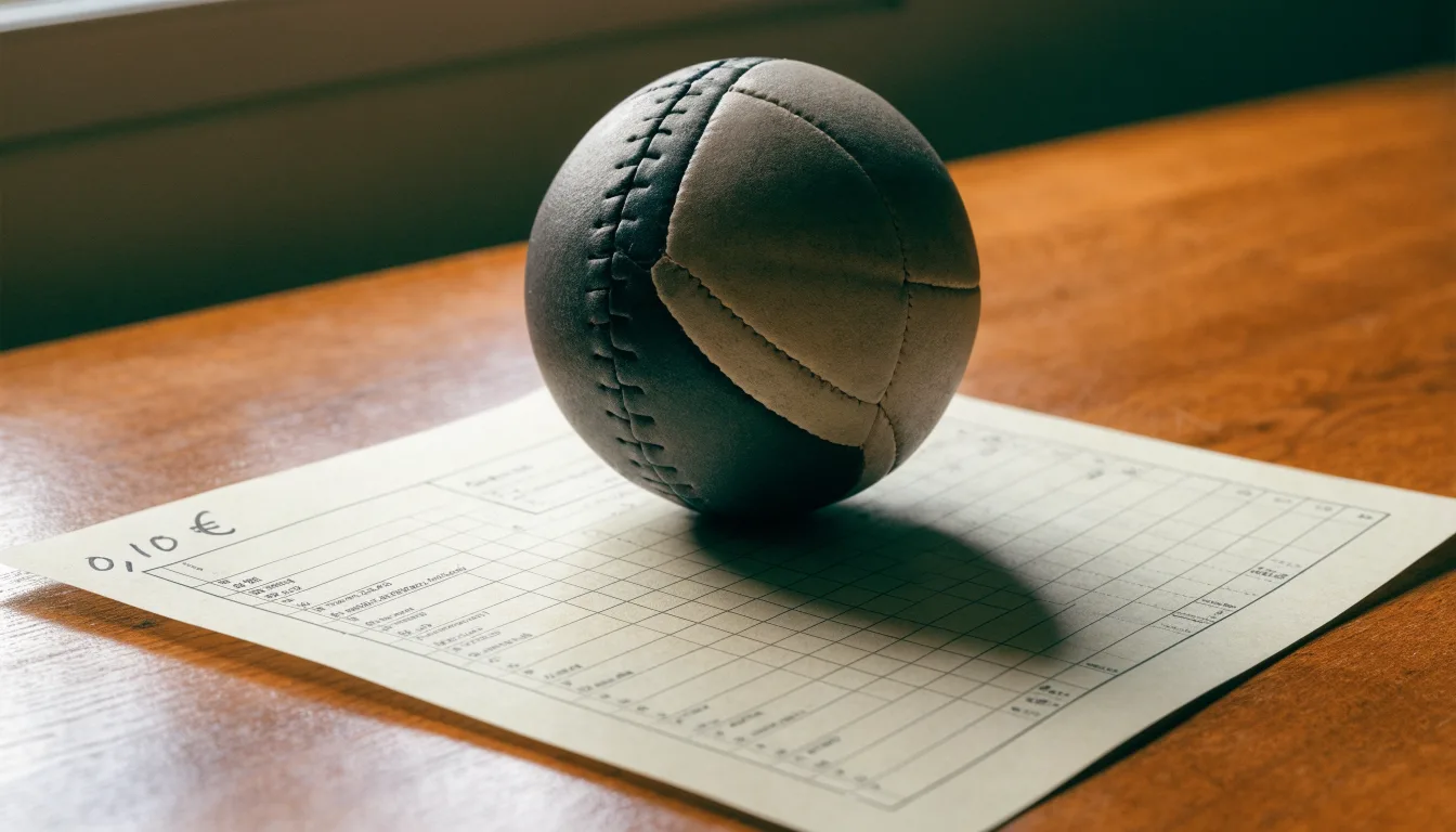 Uma bola de futebol pousada sobre um talão de apostas em branco numa mesa de madeira, à luz do dia