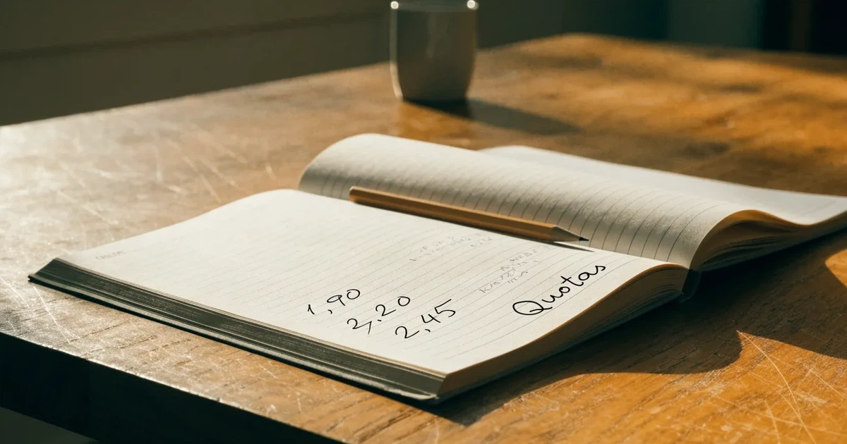 Um caderno aberto com cotas escritas à mão, uma calculadora e um lápis sobre uma mesa de madeira