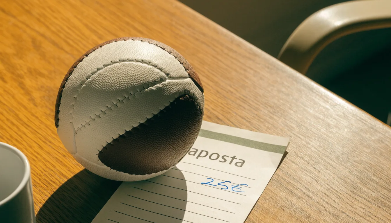Uma bola de futebol pousada sobre um talão de apostas em branco numa mesa de madeira, à luz do dia