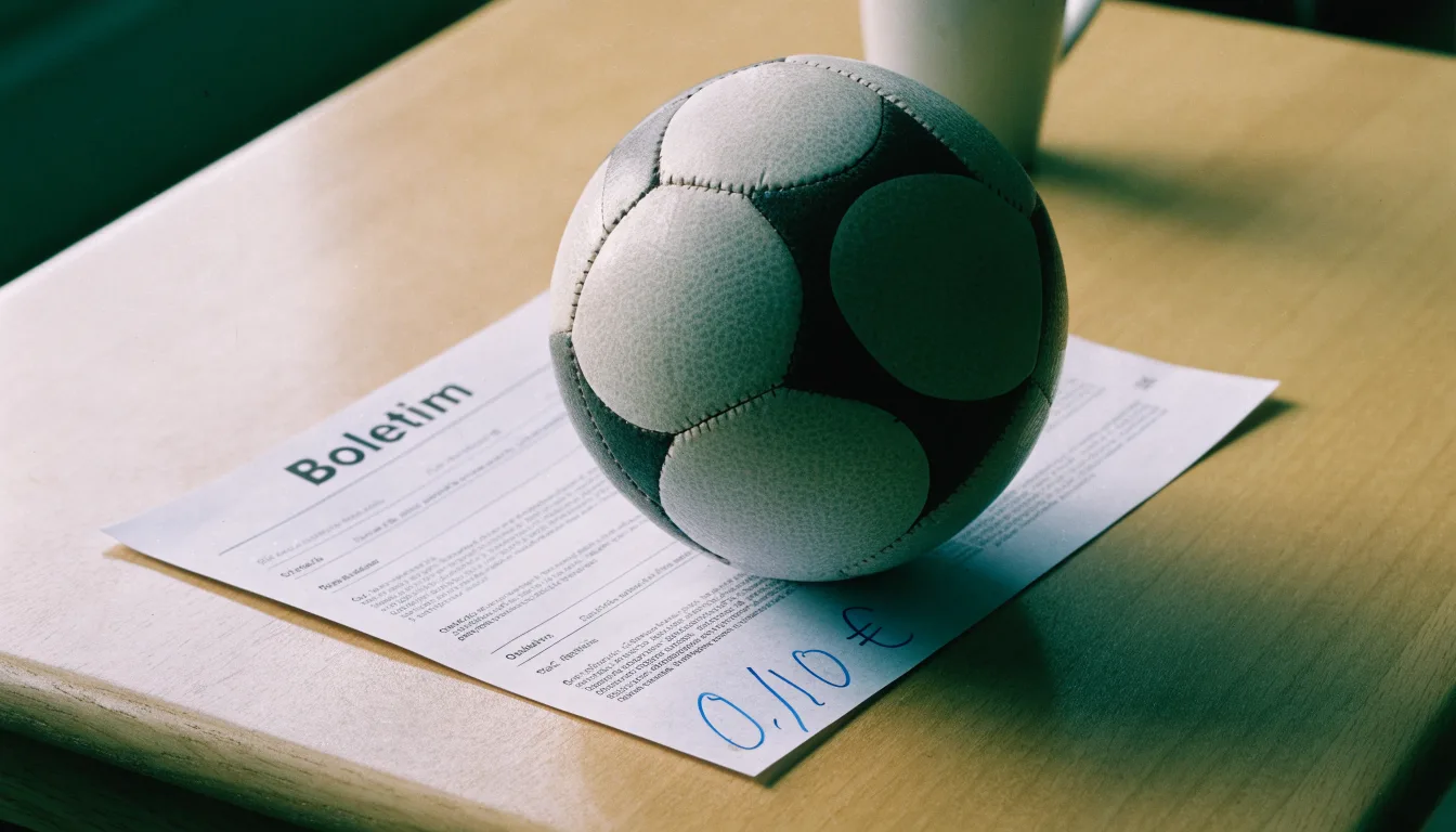 Uma bola de futebol pousada sobre um talão de apostas em branco numa mesa de madeira, à luz do dia