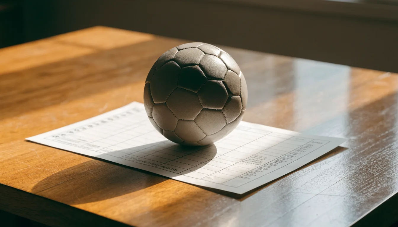 Uma bola de futebol pousada sobre um talão de apostas em branco numa mesa de madeira, à luz do dia