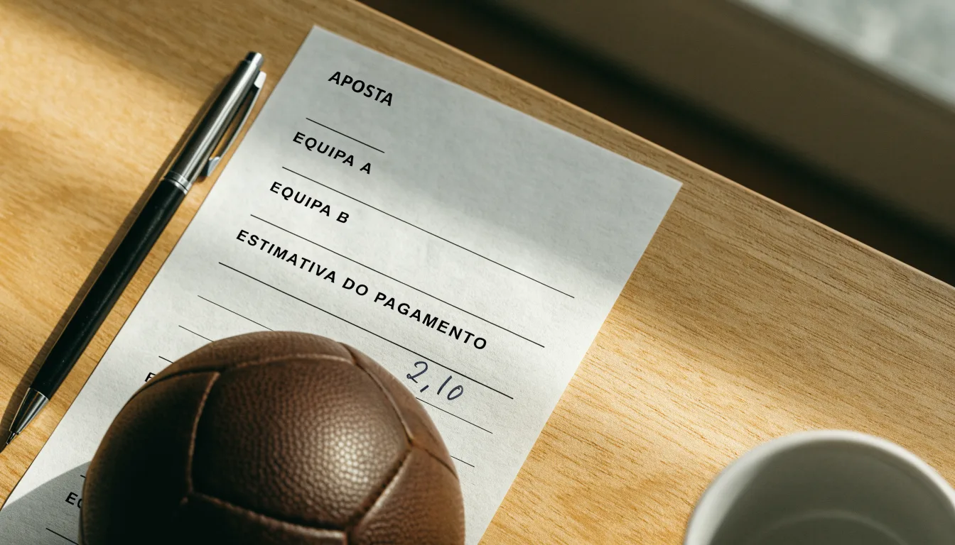 Uma bola de futebol pousada sobre um talão de apostas em branco numa mesa de madeira, à luz do dia