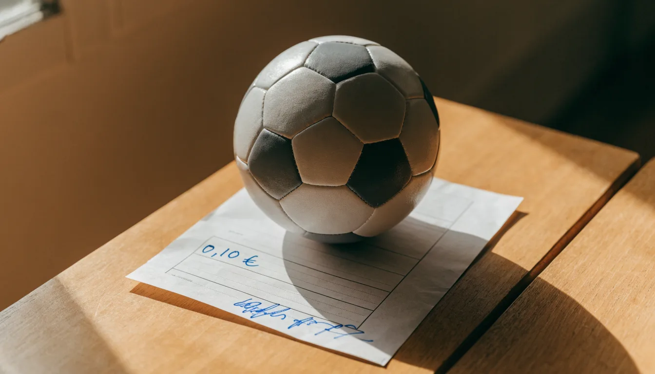 Uma bola de futebol pousada sobre um talão de apostas em branco numa mesa de madeira, à luz do dia