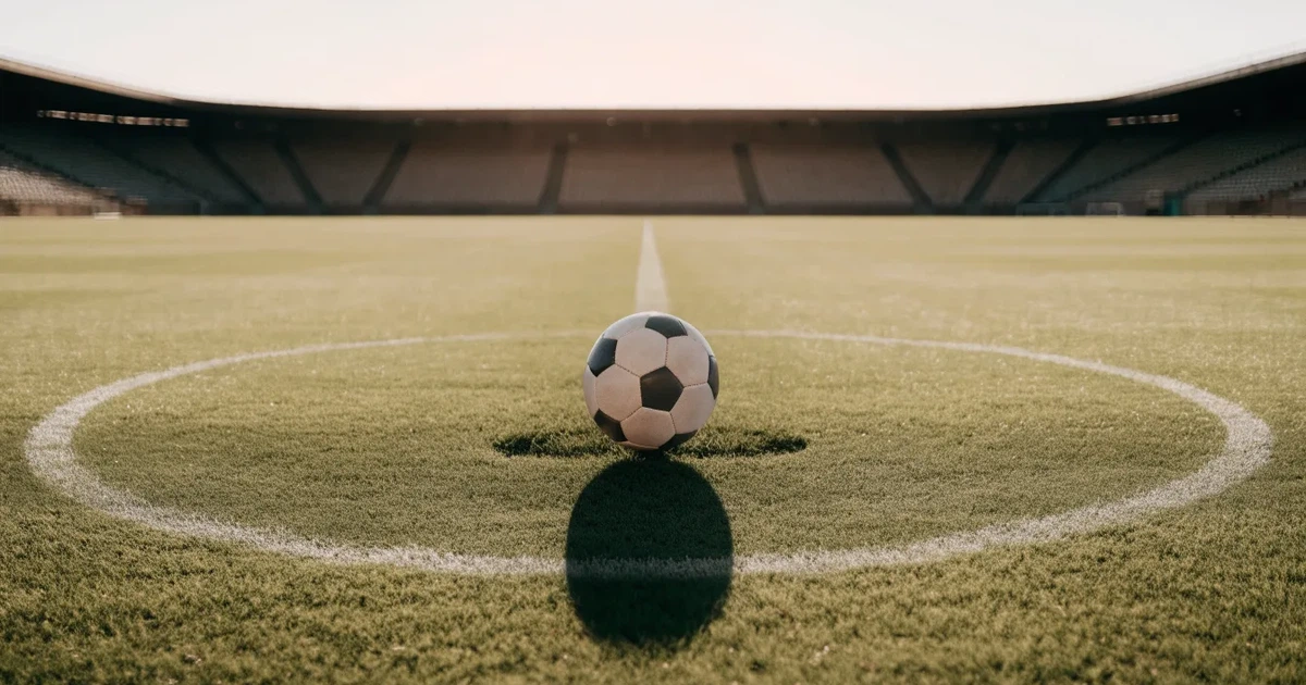 Uma bola de futebol no ponto central de um relvado, à luz da manhã