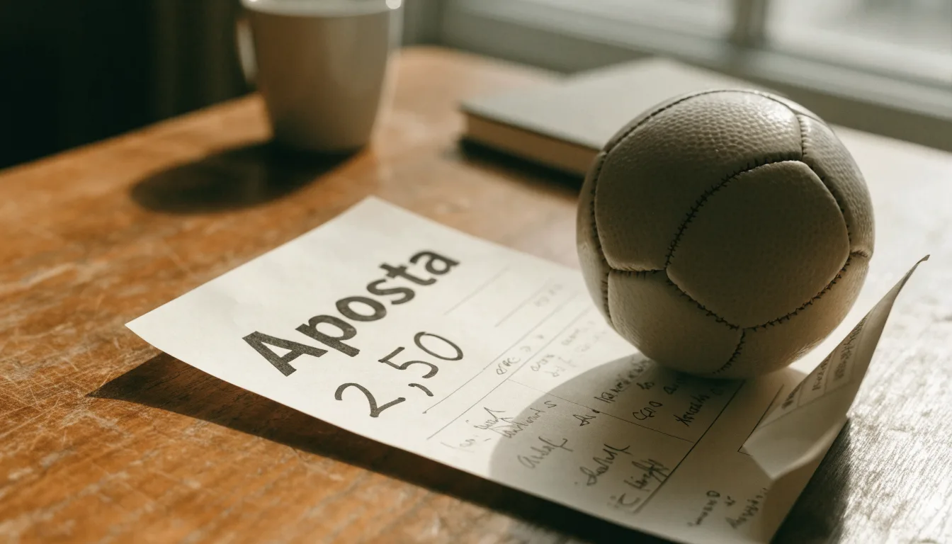 Uma bola de futebol pousada sobre um talão de apostas em branco numa mesa de madeira, à luz do dia