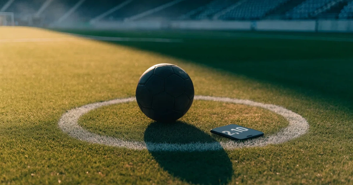Uma bola de futebol no ponto central de um relvado, à luz da manhã
