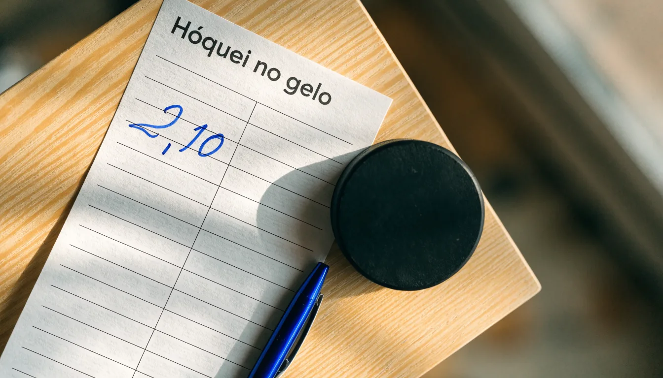 Uma bola de futebol pousada sobre um talão de apostas em branco numa mesa de madeira, à luz do dia