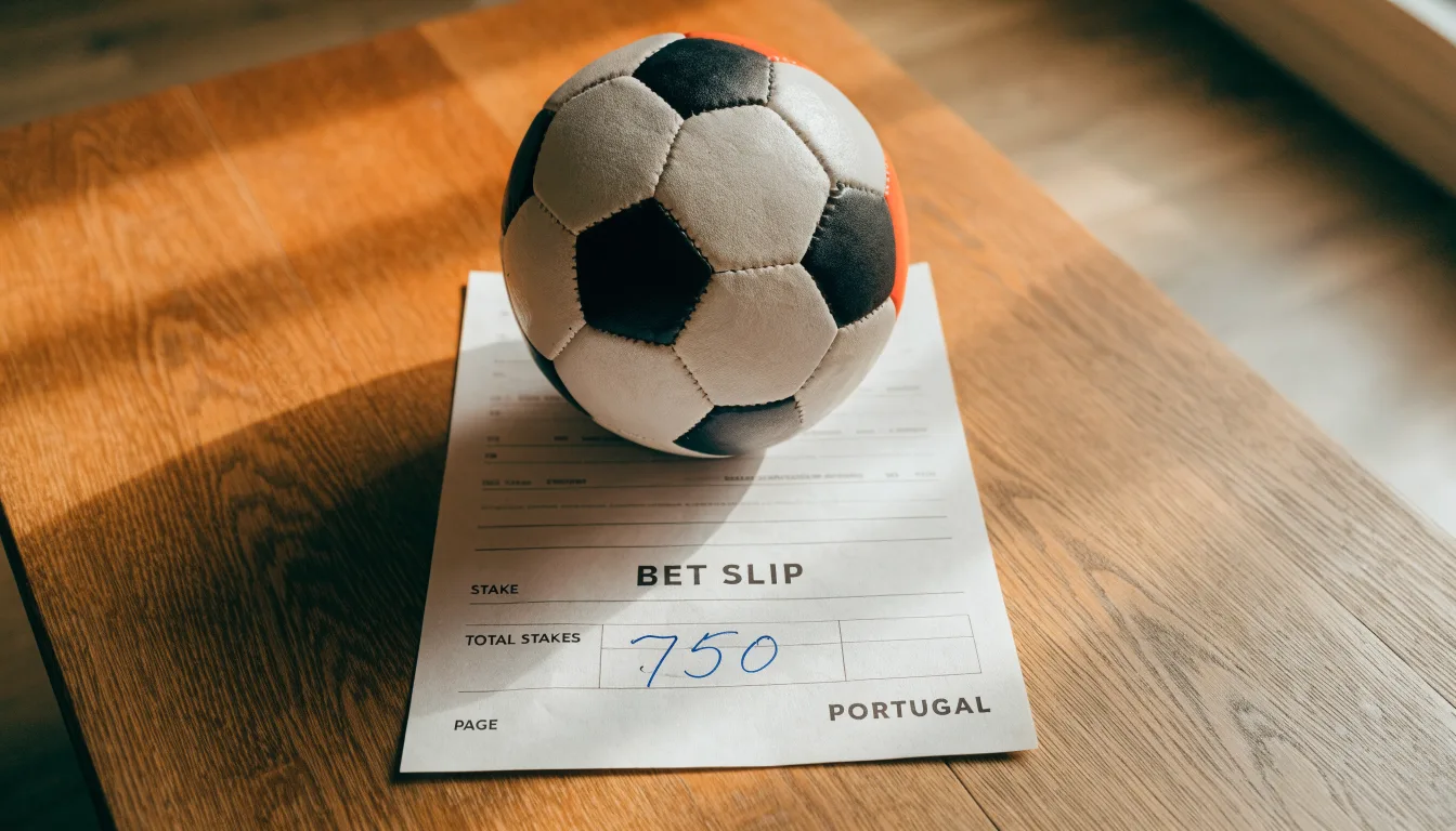 Uma bola de futebol pousada sobre um talão de apostas em branco numa mesa de madeira, à luz do dia