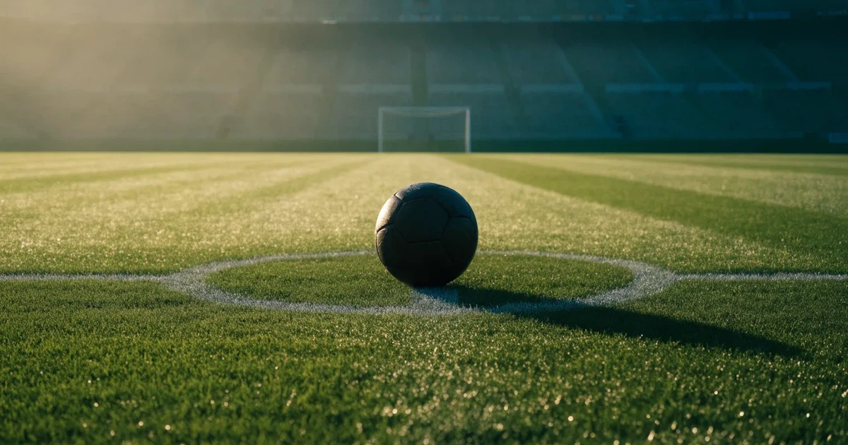 Uma bola de futebol no ponto central de um relvado, à luz da manhã