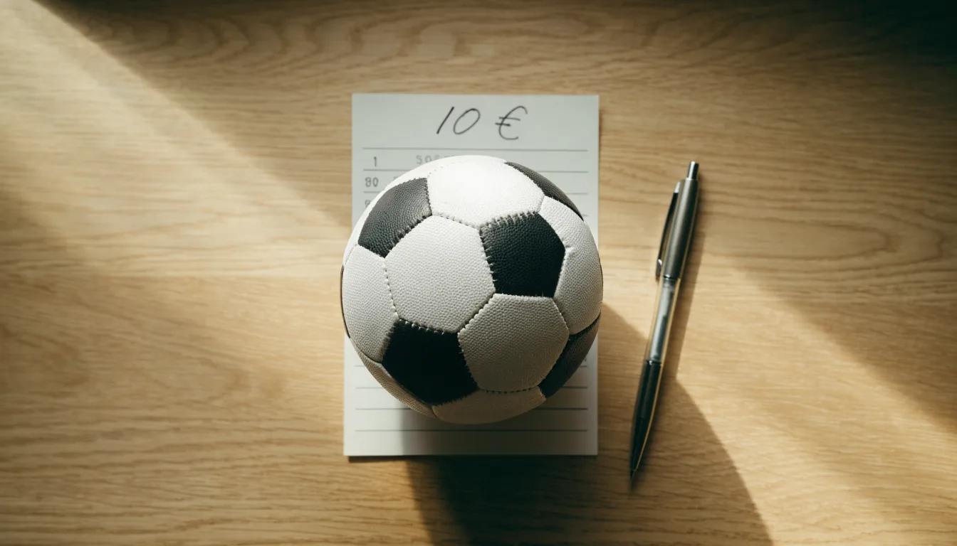 Uma bola de futebol pousada sobre um talão de apostas em branco numa mesa de madeira, à luz do dia
