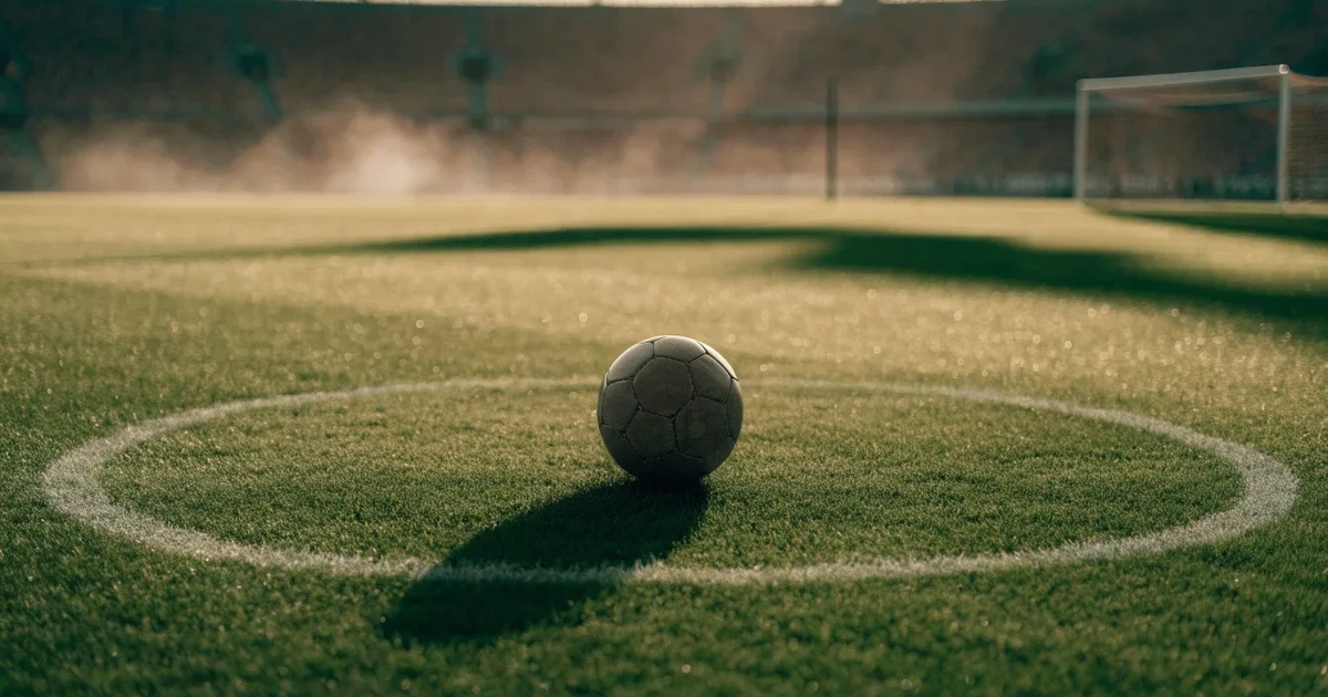 Uma bola de futebol no ponto central de um relvado, à luz da manhã