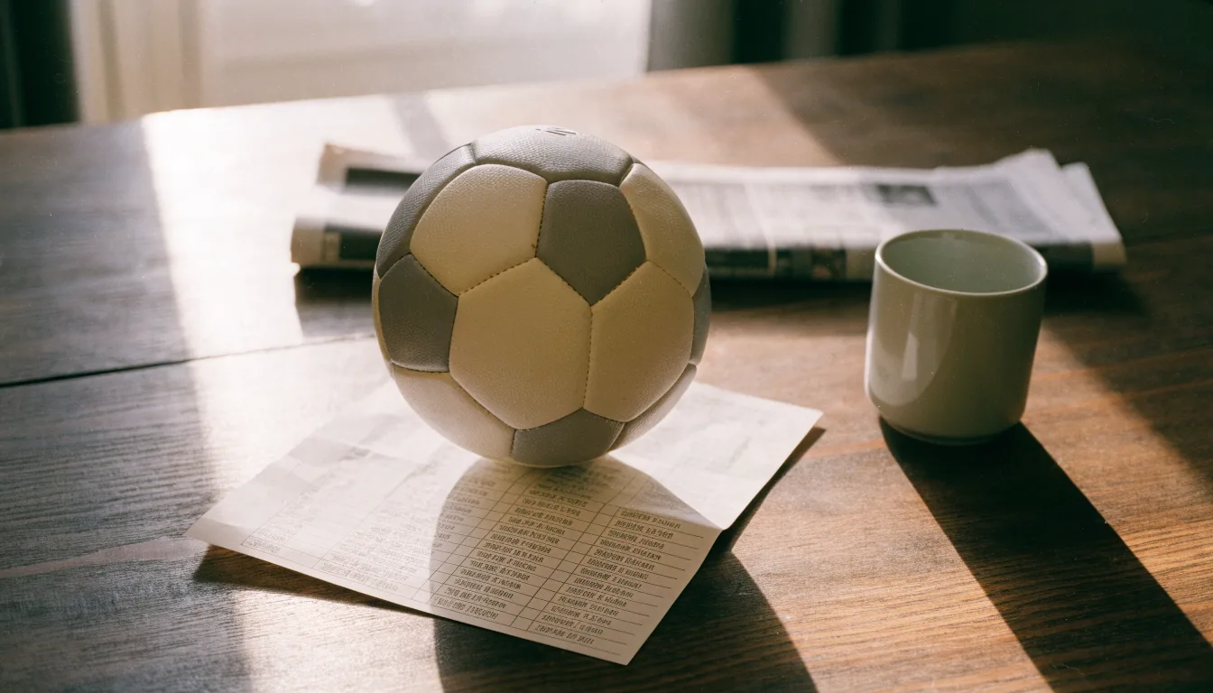 Uma bola de futebol pousada sobre um talão de apostas em branco numa mesa de madeira, à luz do dia