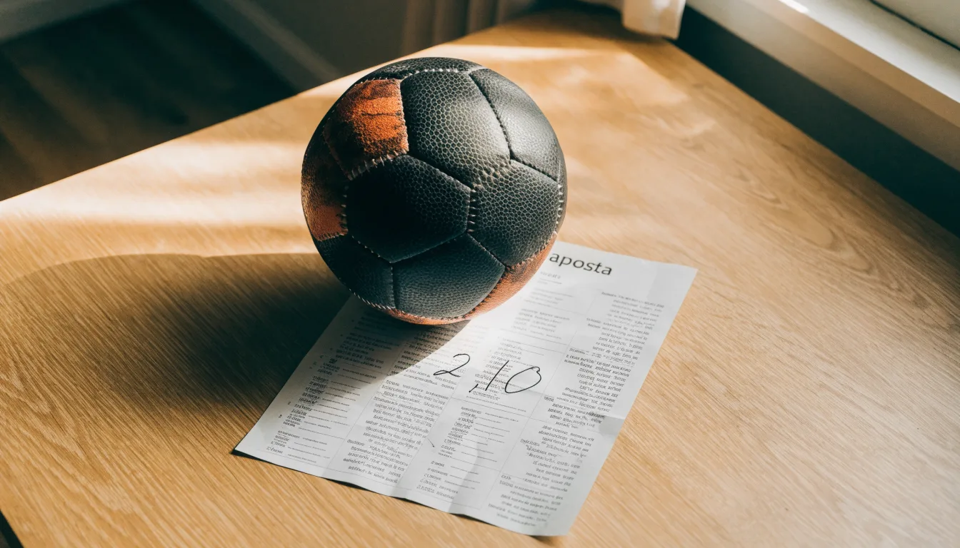 Uma bola de futebol pousada sobre um talão de apostas em branco numa mesa de madeira, à luz do dia