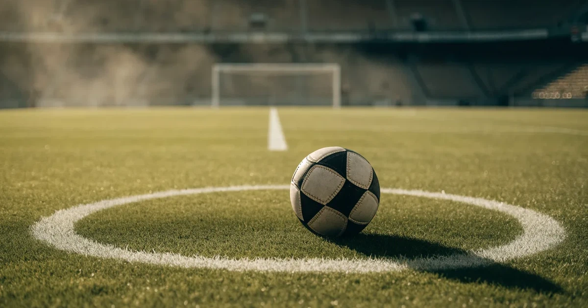 Uma bola de futebol no ponto central de um relvado, à luz da manhã