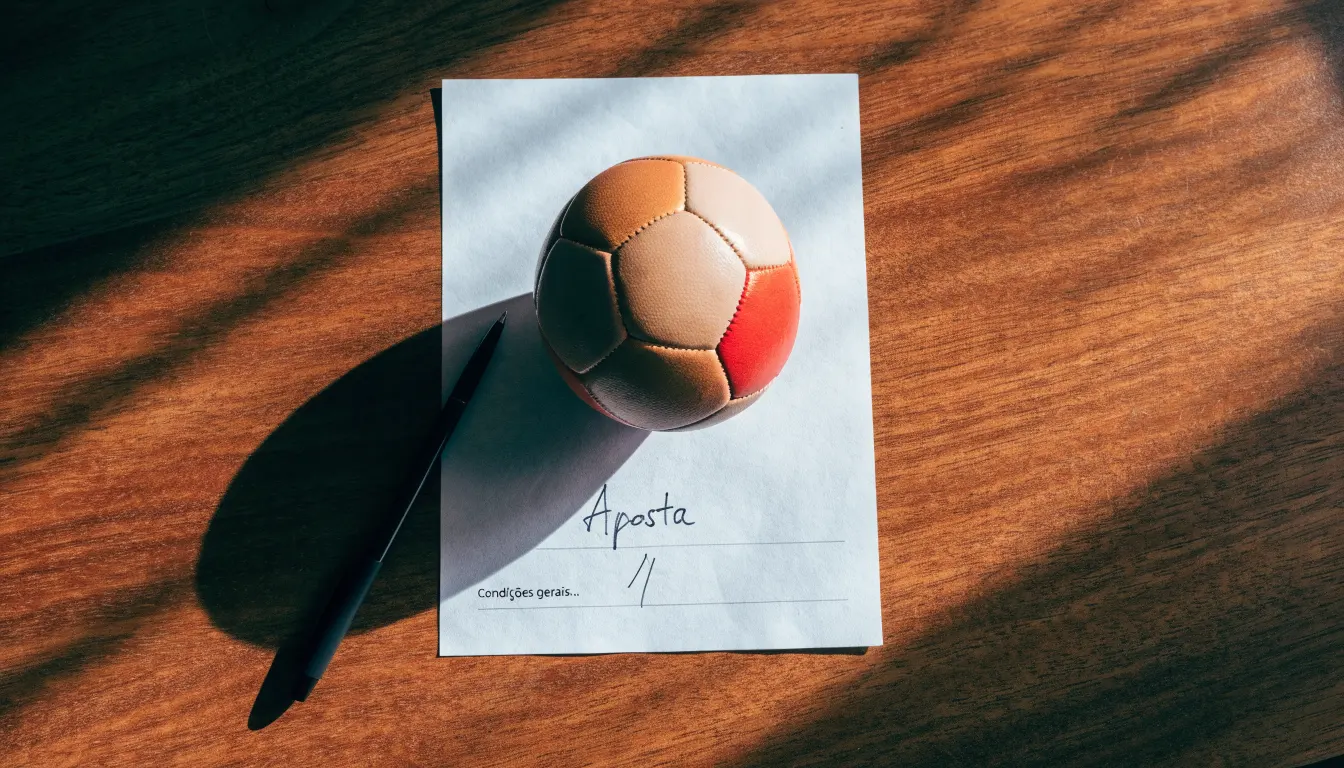 Uma bola de futebol pousada sobre um talão de apostas em branco numa mesa de madeira, à luz do dia