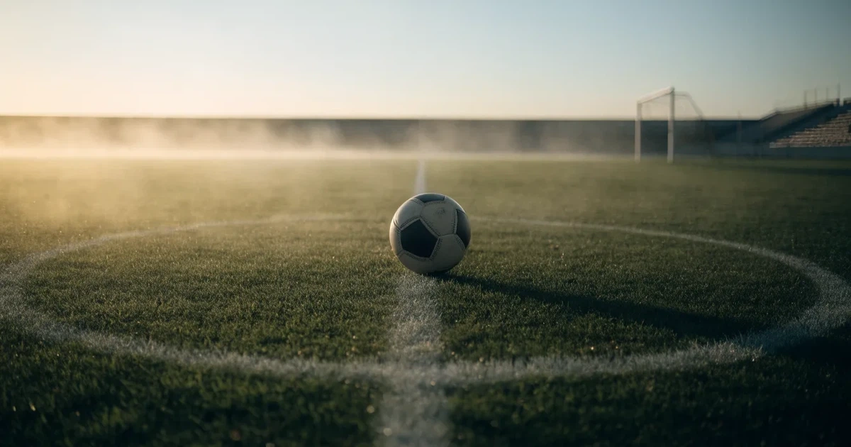 Uma bola de futebol no ponto central de um relvado, à luz da manhã