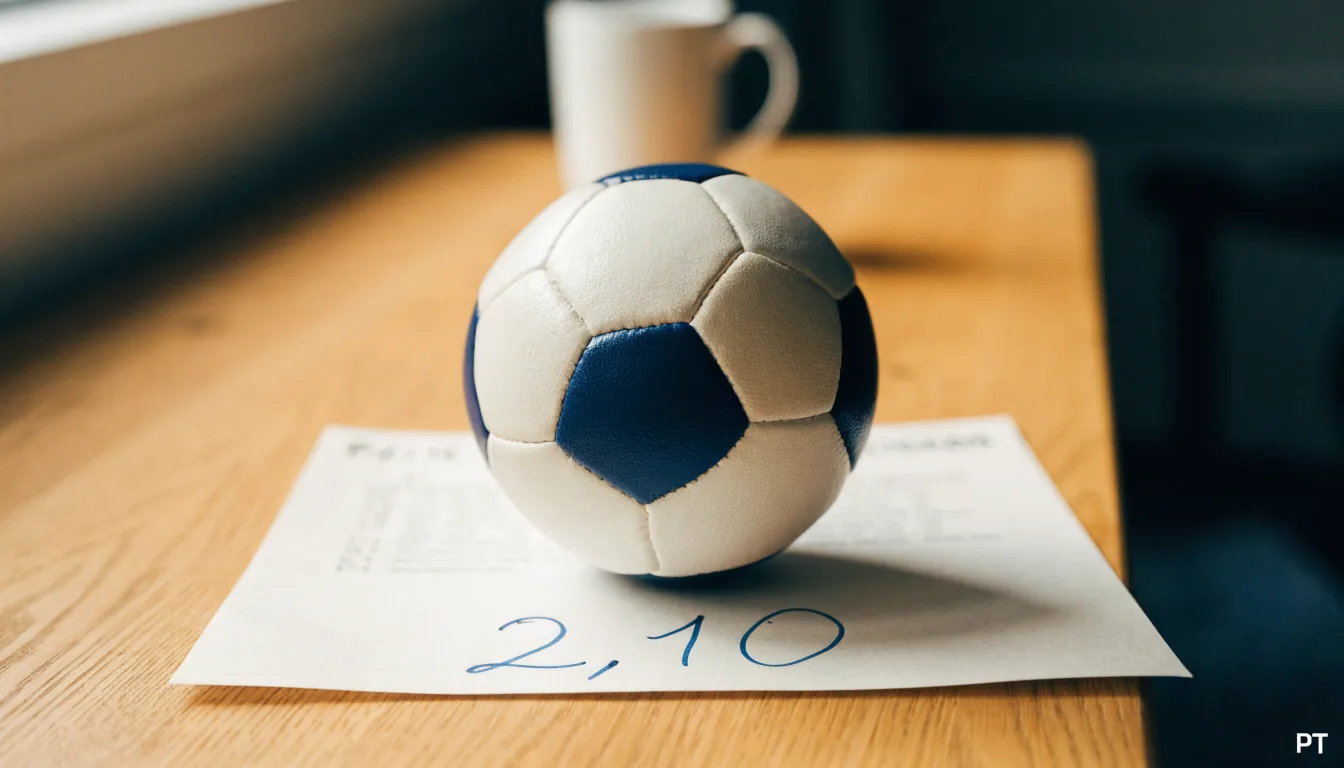 Uma bola de futebol pousada sobre um talão de apostas em branco numa mesa de madeira, à luz do dia