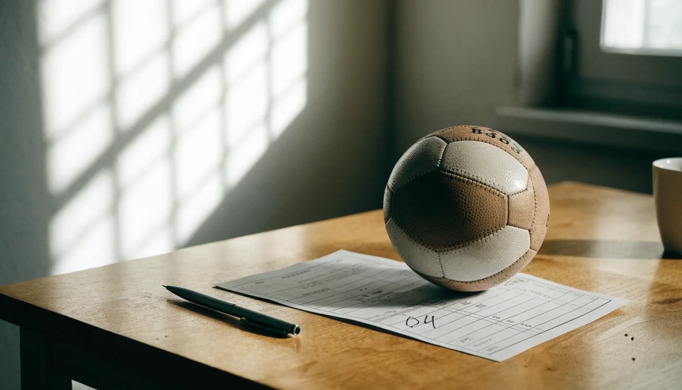 Uma bola de futebol pousada sobre um talão de apostas em branco numa mesa de madeira, à luz do dia