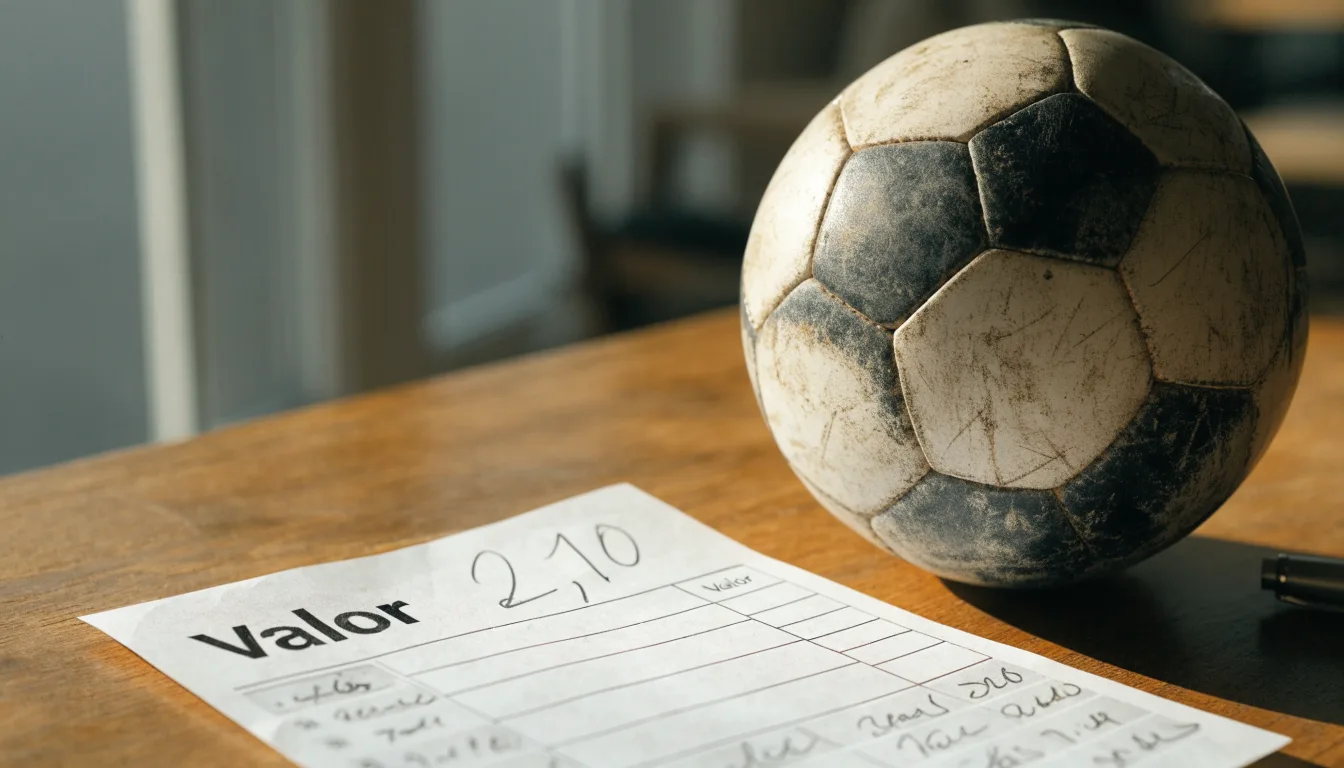 Uma bola de futebol pousada sobre um talão de apostas em branco numa mesa de madeira, à luz do dia