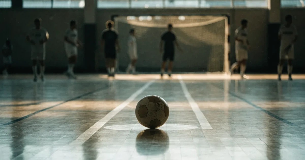 Uma bola de futebol no ponto central de um relvado, à luz da manhã
