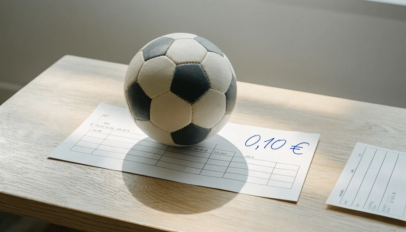 Uma bola de futebol pousada sobre um talão de apostas em branco numa mesa de madeira, à luz do dia