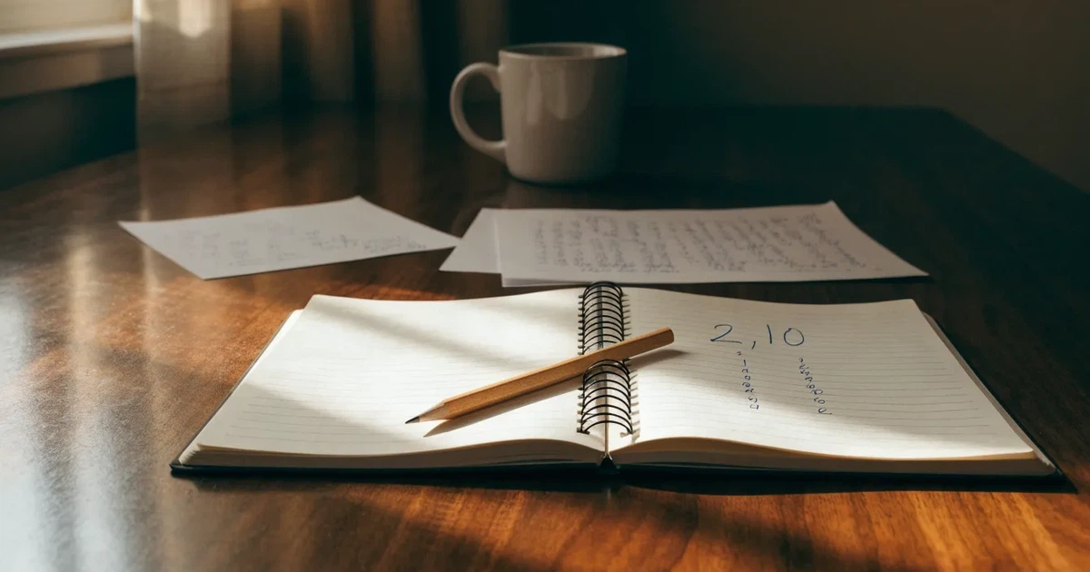 Um caderno aberto com cotas escritas à mão, uma calculadora e um lápis sobre uma mesa de madeira