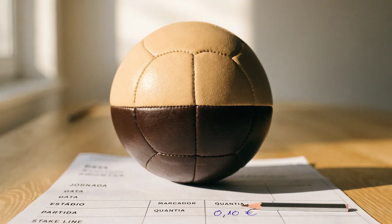 Uma bola de futebol pousada sobre um talão de apostas em branco numa mesa de madeira, à luz do dia
