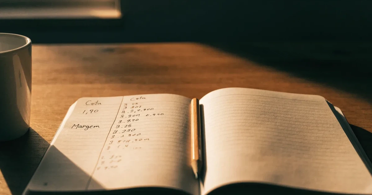 Um caderno aberto com cotas escritas à mão, uma calculadora e um lápis sobre uma mesa de madeira