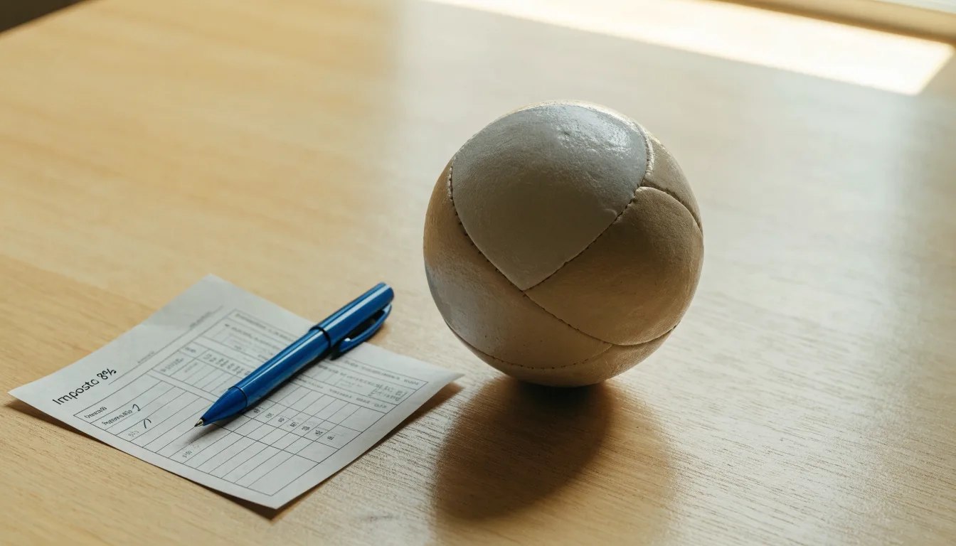 Uma bola de futebol pousada sobre um talão de apostas em branco numa mesa de madeira, à luz do dia