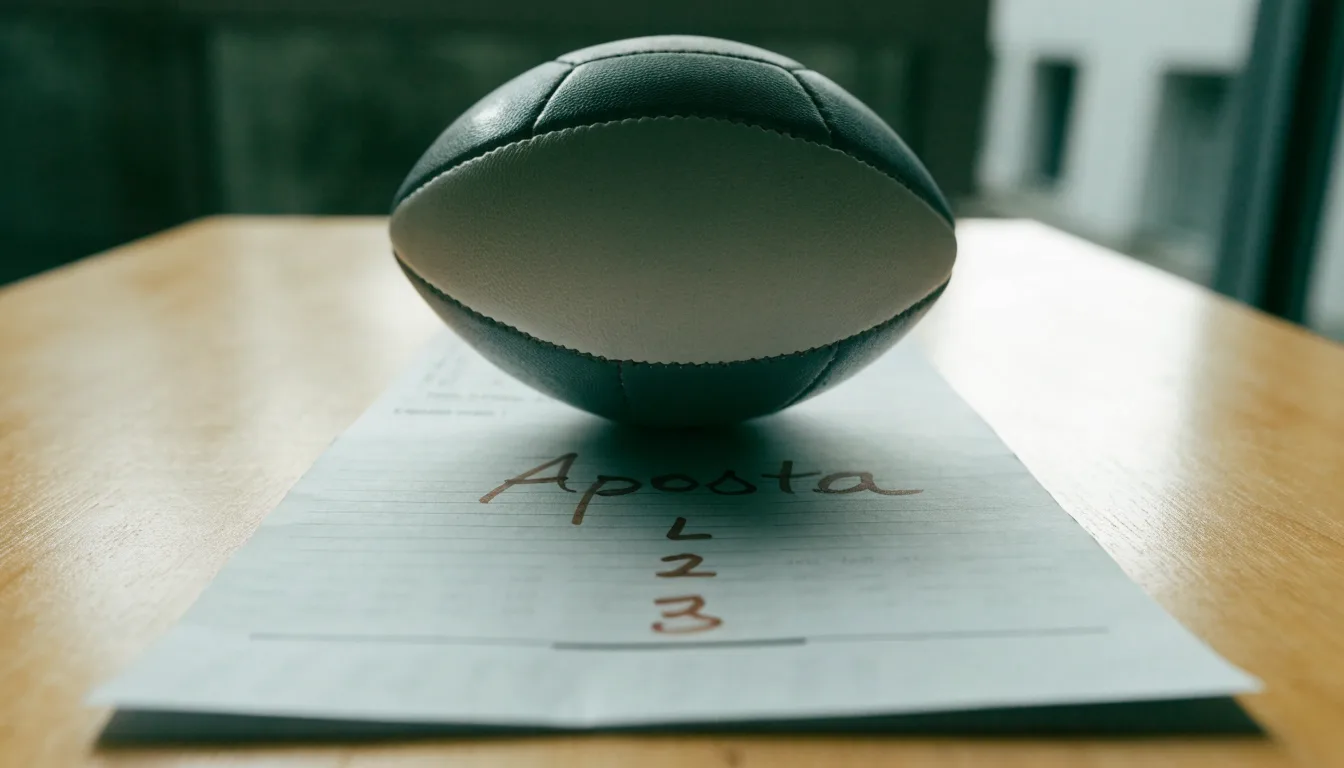 Uma bola de futebol pousada sobre um talão de apostas em branco numa mesa de madeira, à luz do dia