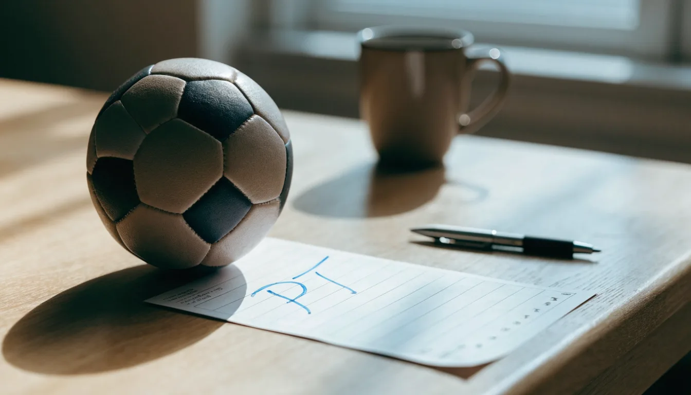 Uma bola de futebol pousada sobre um talão de apostas em branco numa mesa de madeira, à luz do dia
