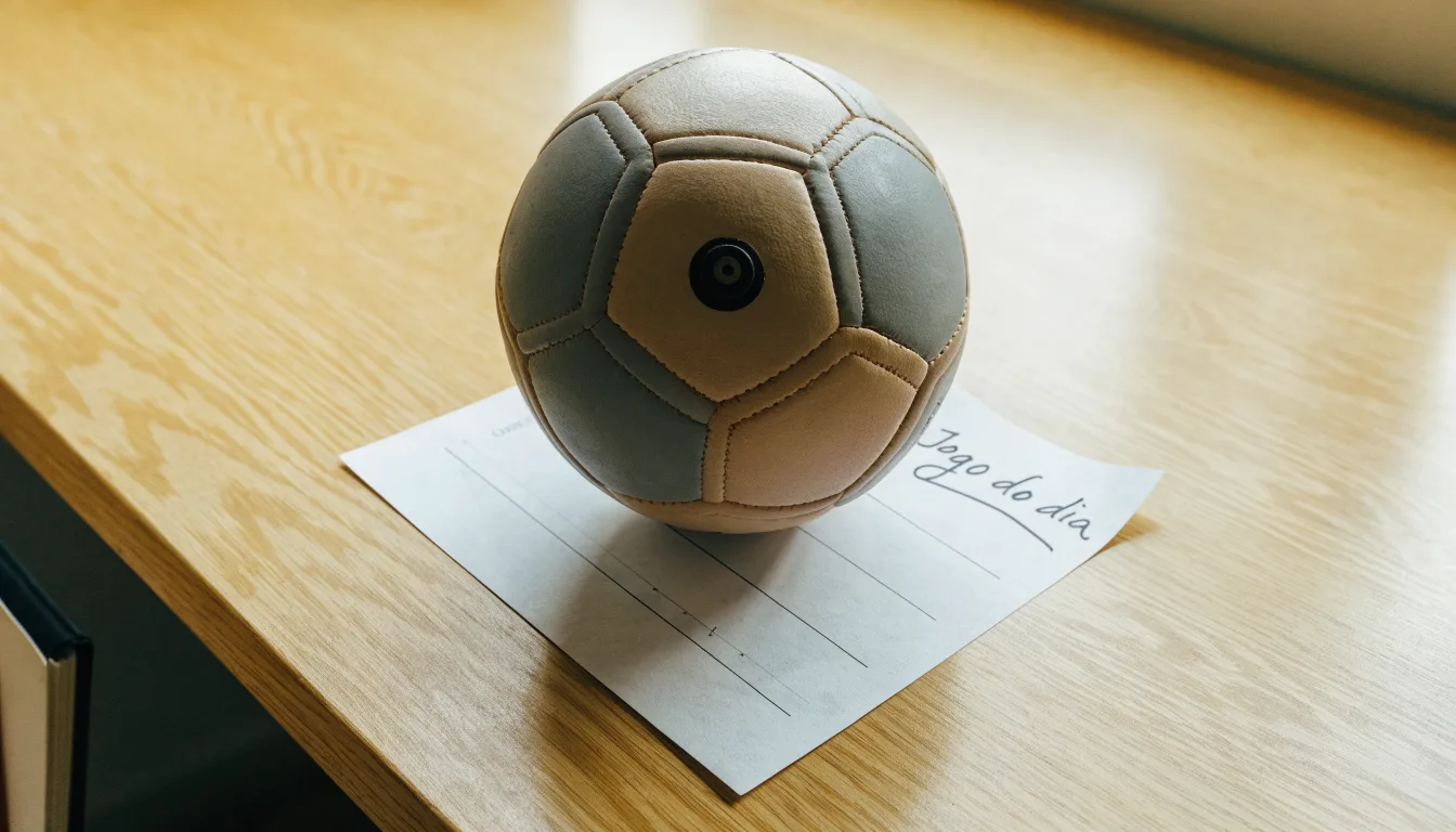 Uma bola de futebol pousada sobre um talão de apostas em branco numa mesa de madeira, à luz do dia