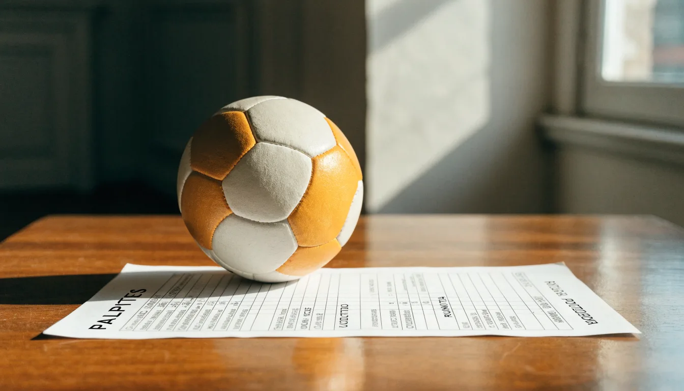 Uma bola de futebol pousada sobre um talão de apostas em branco numa mesa de madeira, à luz do dia