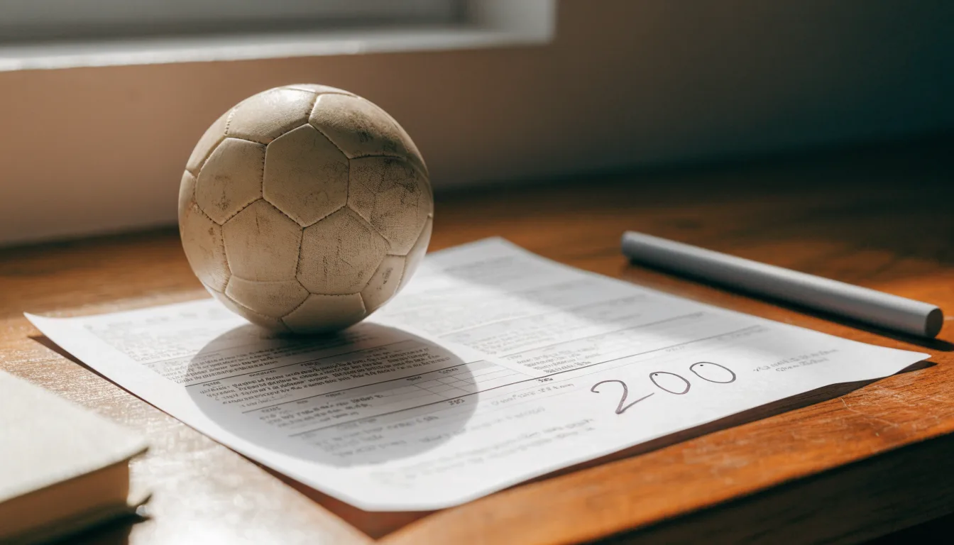 Uma bola de futebol pousada sobre um talão de apostas em branco numa mesa de madeira, à luz do dia