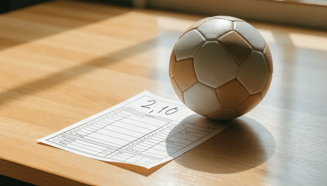 Uma bola de futebol pousada sobre um talão de apostas em branco numa mesa de madeira, à luz do dia