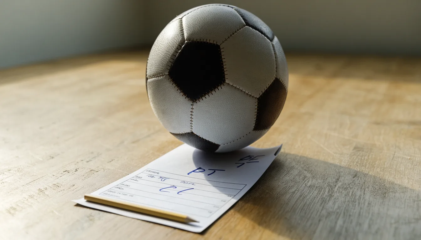 Uma bola de futebol pousada sobre um talão de apostas em branco numa mesa de madeira, à luz do dia