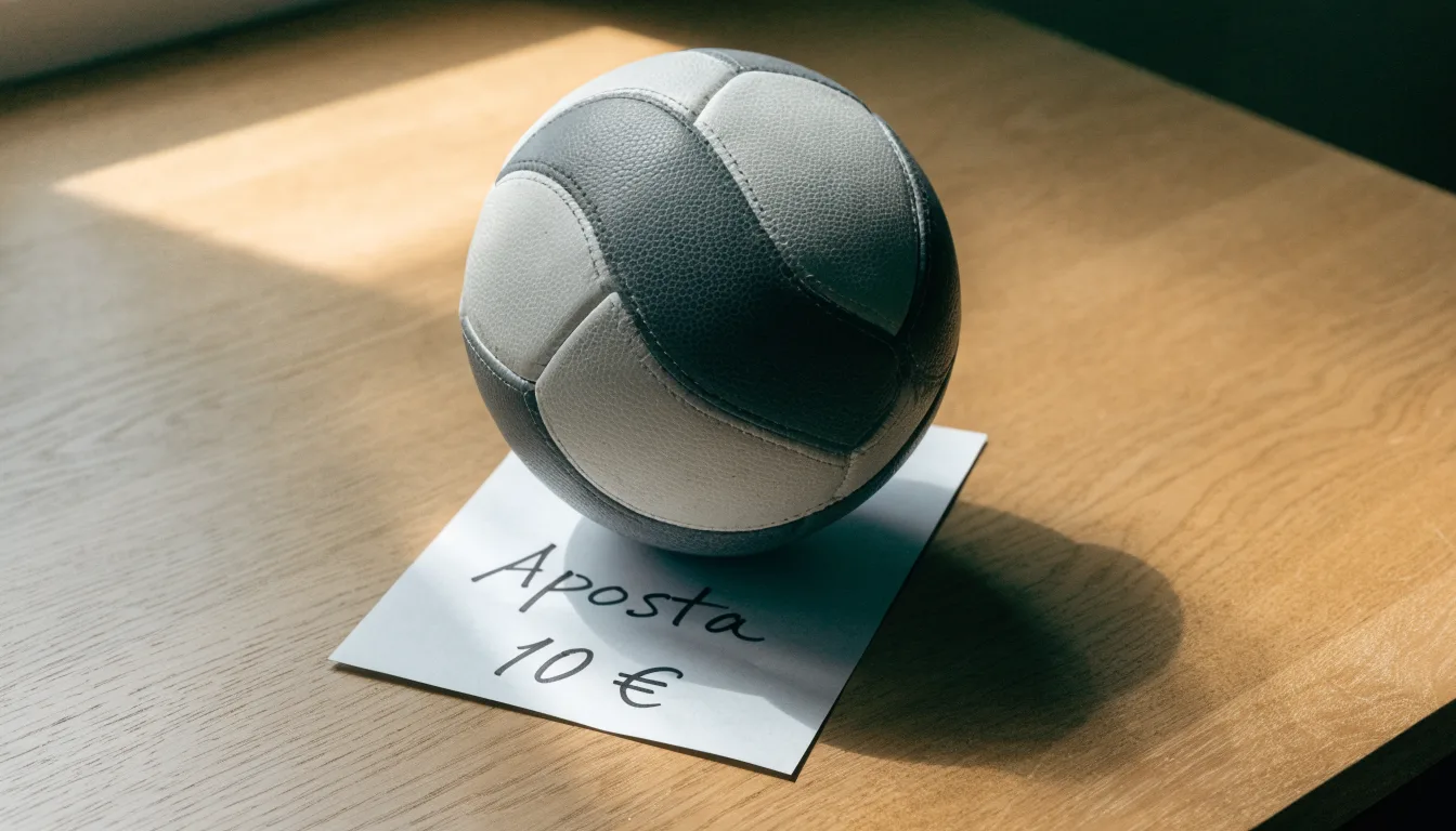 Uma bola de futebol pousada sobre um talão de apostas em branco numa mesa de madeira, à luz do dia