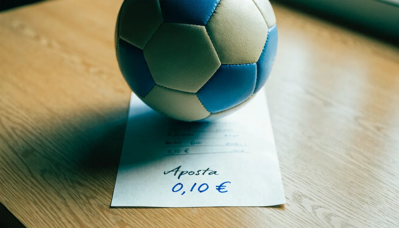 Uma bola de futebol pousada sobre um talão de apostas em branco numa mesa de madeira, à luz do dia