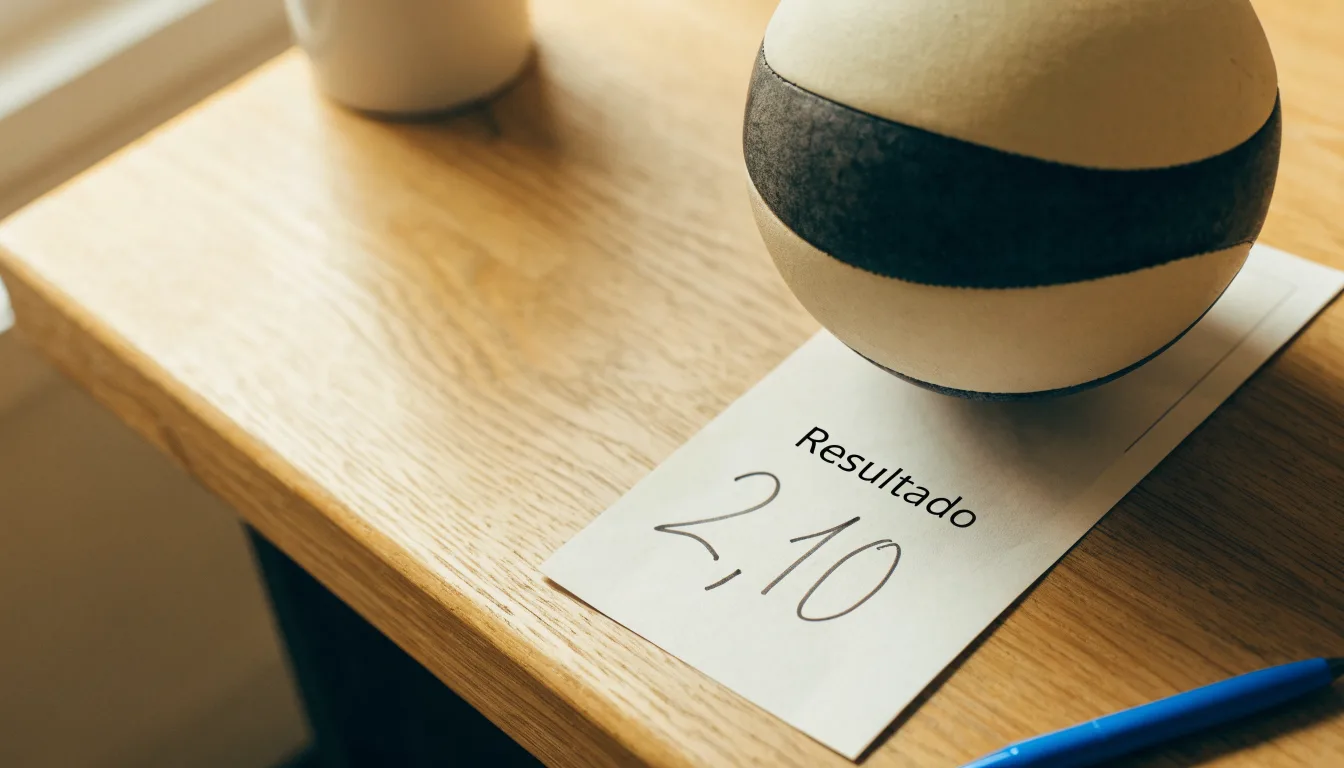 Uma bola de futebol pousada sobre um talão de apostas em branco numa mesa de madeira, à luz do dia