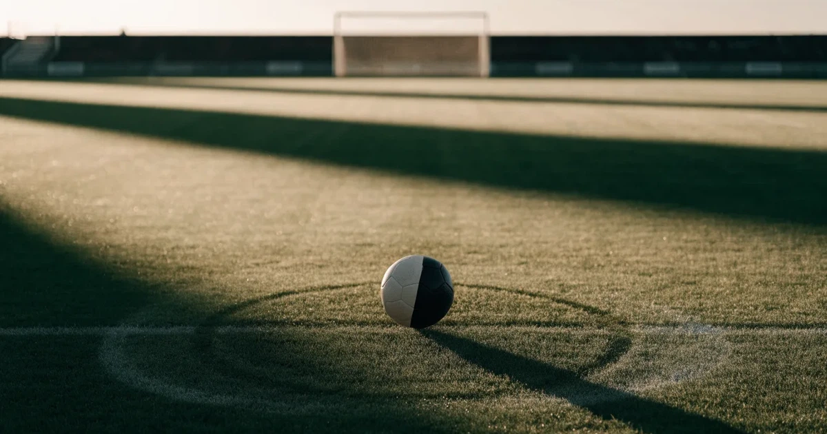 Uma bola de futebol no ponto central de um relvado, à luz da manhã
